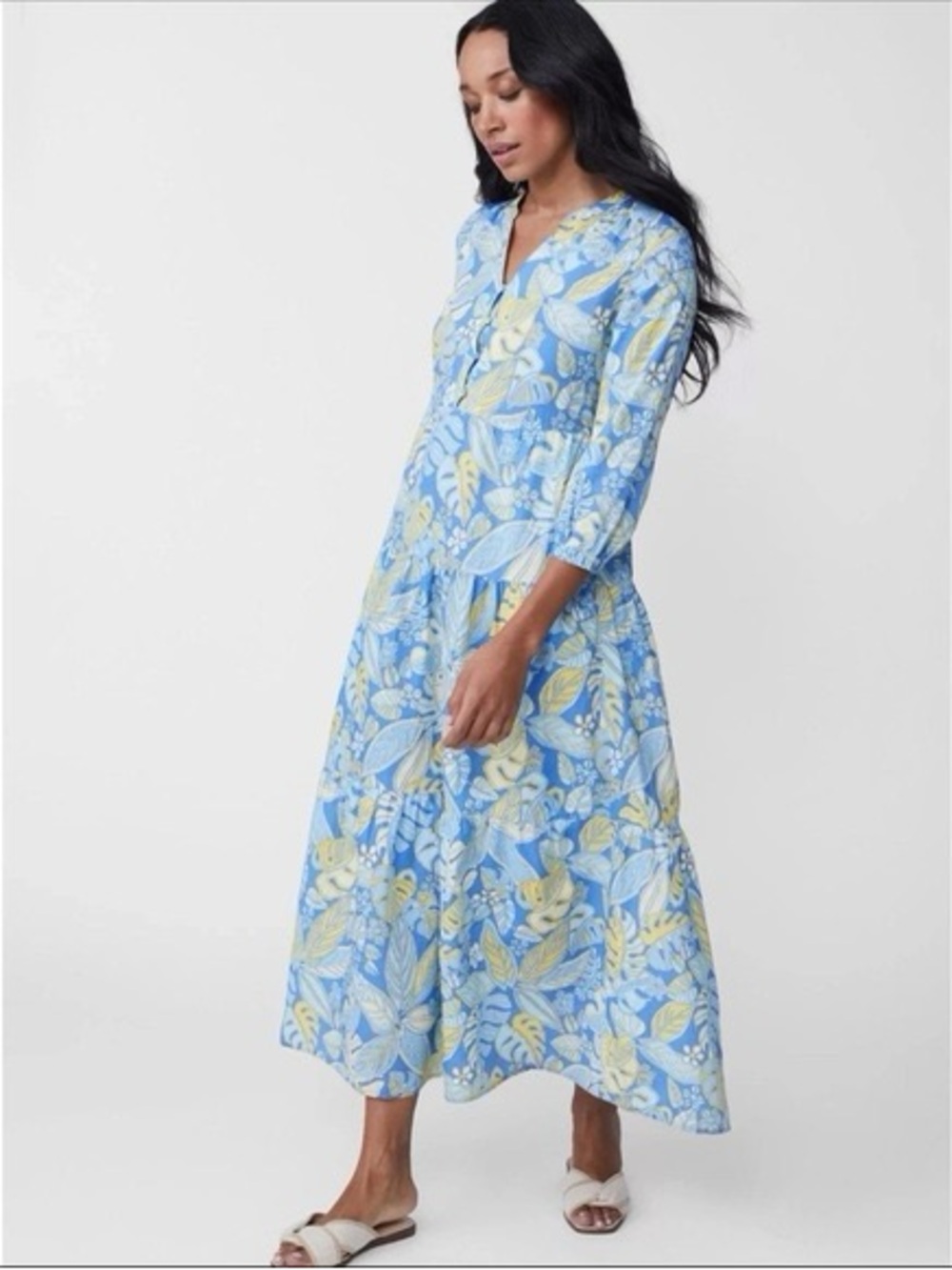 J. McLaughlin Split V-Neck Linen-Blend Tropical Print Dress Large